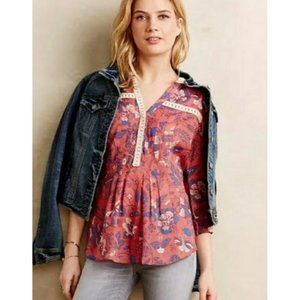 ANTHROPOLOGIE MAEVE Orange + Blue Floral Print Abella Pintuck Blouse Size 4